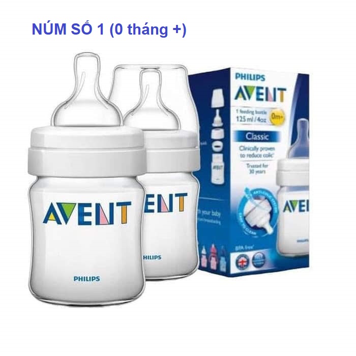 Bình sữa Avent Classic 125ml (Núm số 01, Cho bé từ 0-3 tháng)