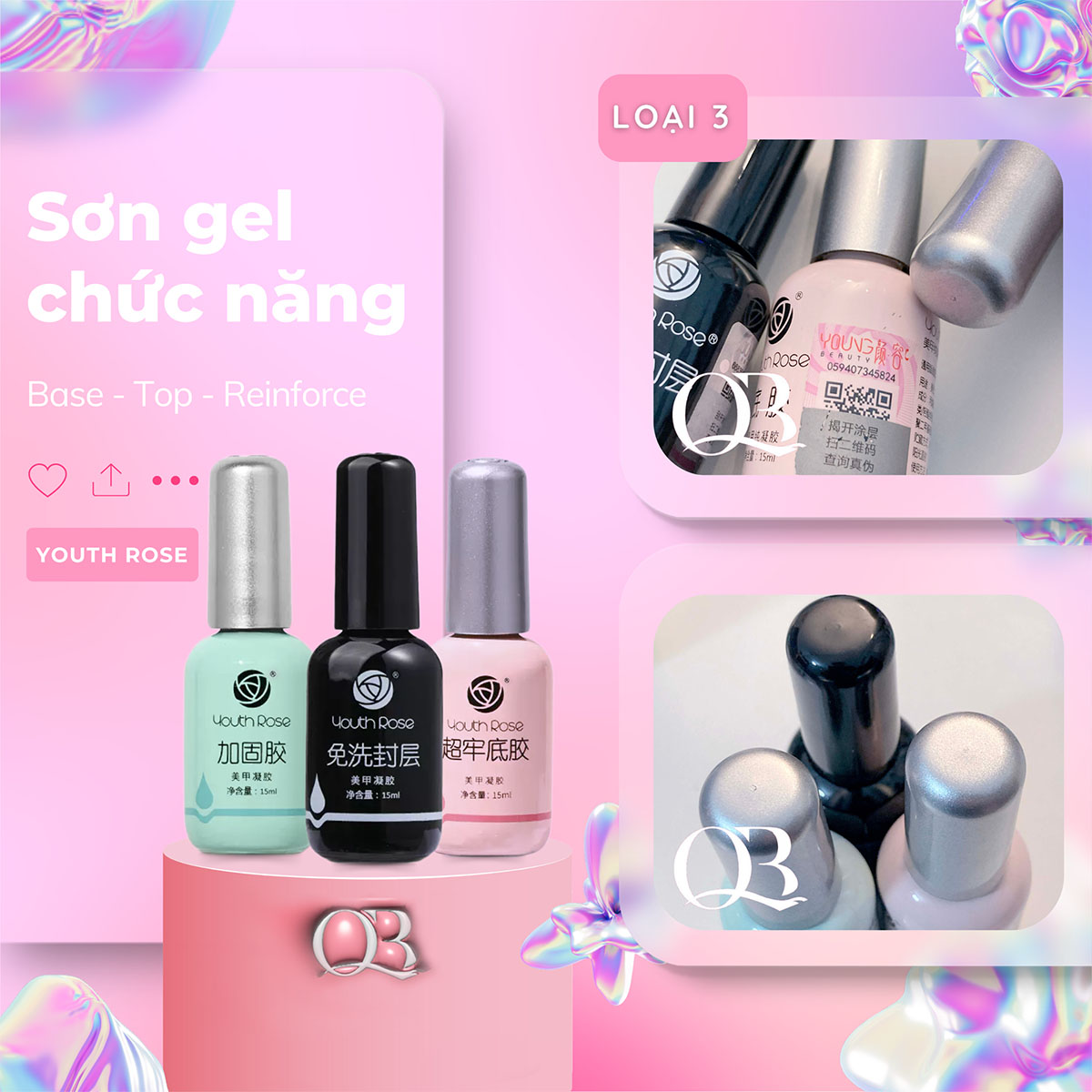 Base gel top gel cứng móng hoa hồng (Youth Rose)