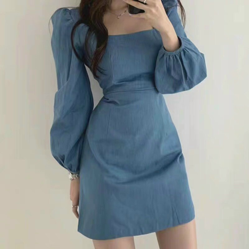 Đầm Xanh Cổ U Tay Dài N046