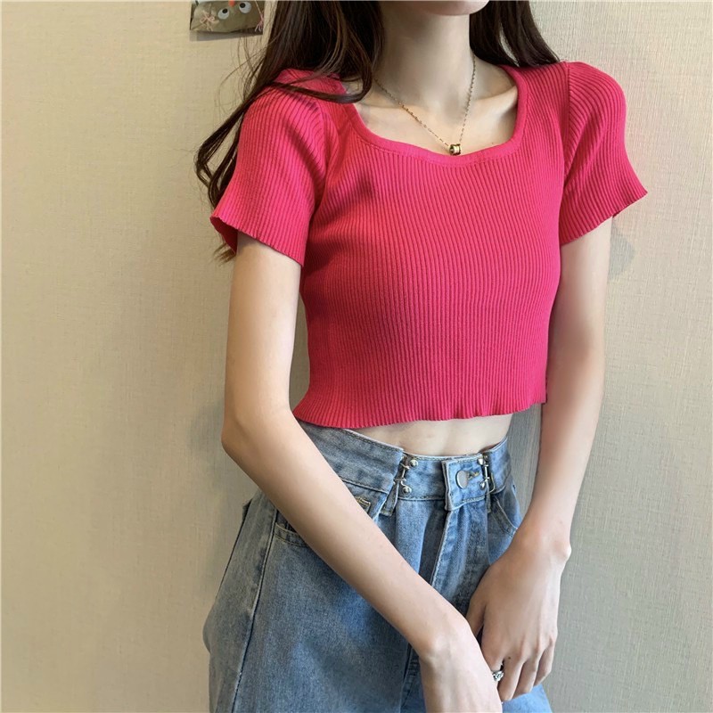 ÁO THUN GÂN CỔ VUÔNG TAY NGẮN TRƠN MẪU MỚI MC