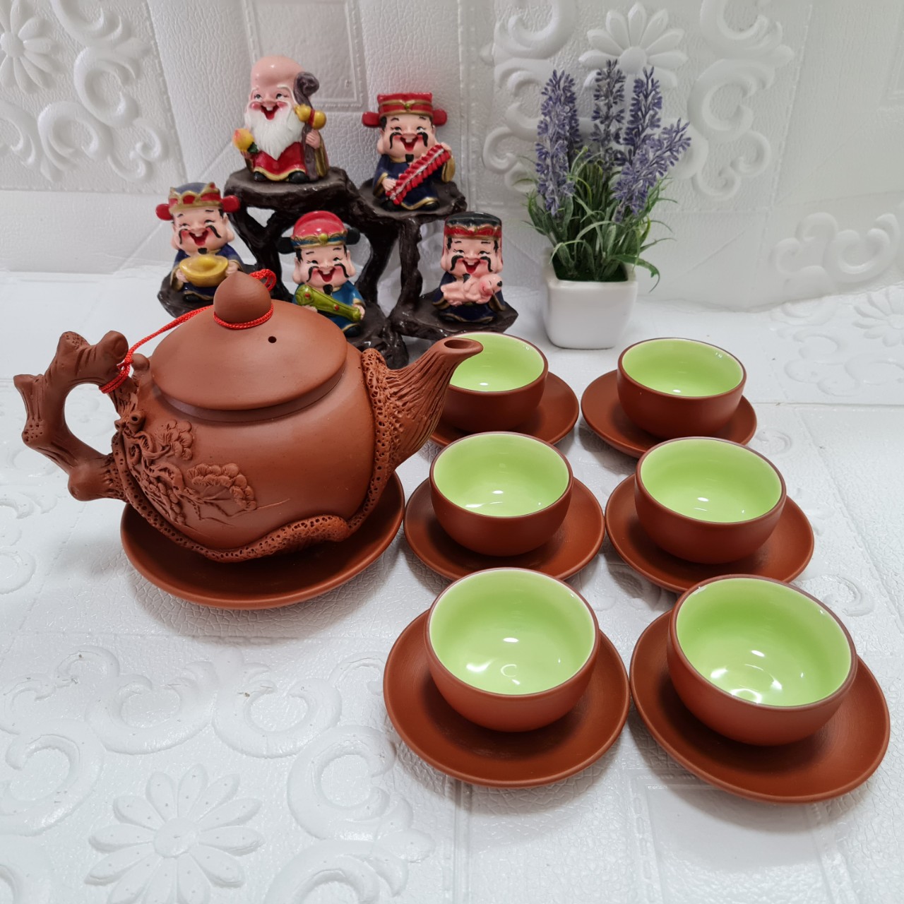 Bộ ấm chén đất nung Bát Tràng cây tùng 400ml màu đỏ