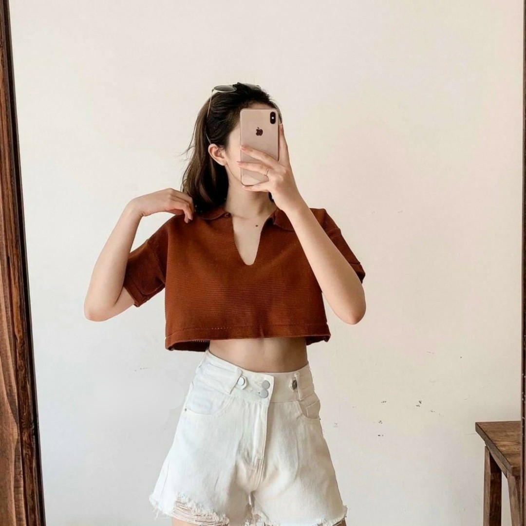 Áo croptop nữ trơn kiểu cổ sơ mi