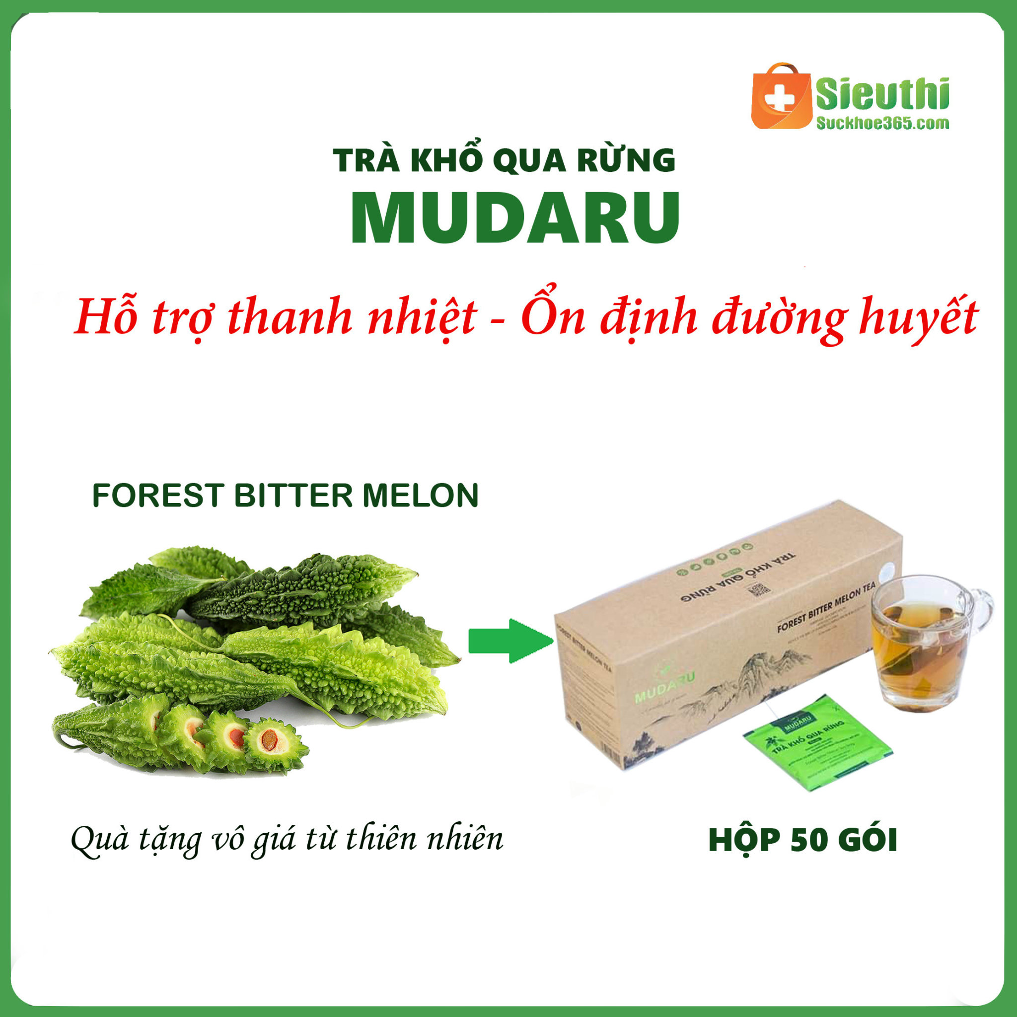 [HCM][Combo 2 Hộp] Trà Khổ Qua Rừng Mudaru Hộp 50 túi lọc Ổn định đường huyết Hạ Huyết Áp Giảm Cân Siêu Thị Sức Khoẻ 365