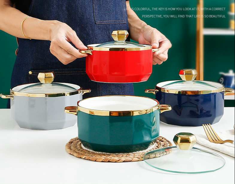 Tô Sứ Có Nắp Đậy Viền Vàng 1 Lít