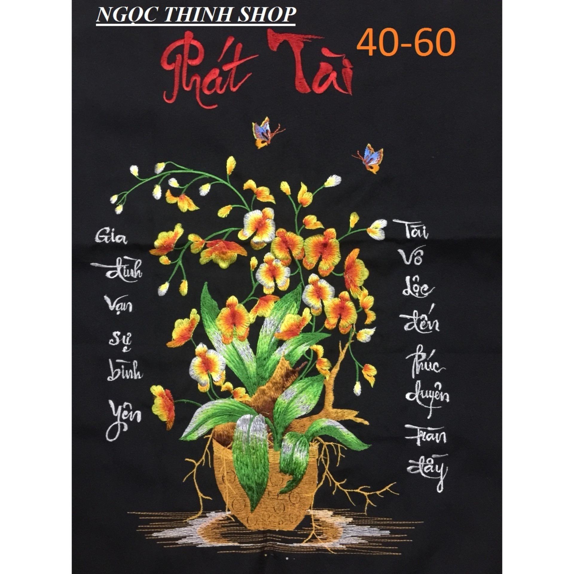 Tranh thêu chỉ lụa đã thêu hoàn thành mua về chỉ việc lên khung chữ phát tài câu thơ gia đình vạn sự bình an tài vô lộc tiến phúc duyên tràn đây kích thước 40x60