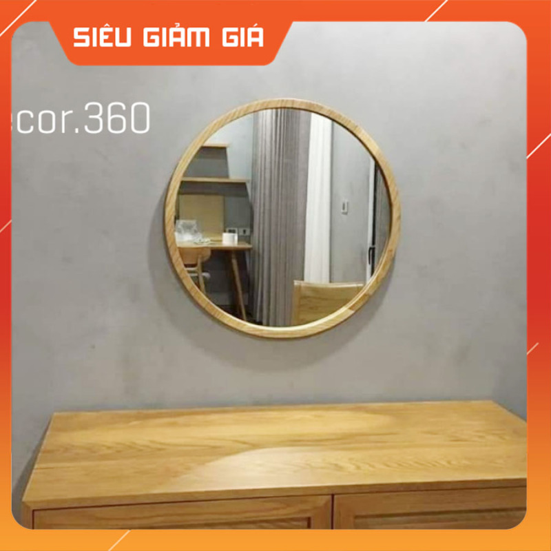 (Size 50cm) Gương Tròn Treo Tường Viền Gỗ Sồi Tự Nhiên