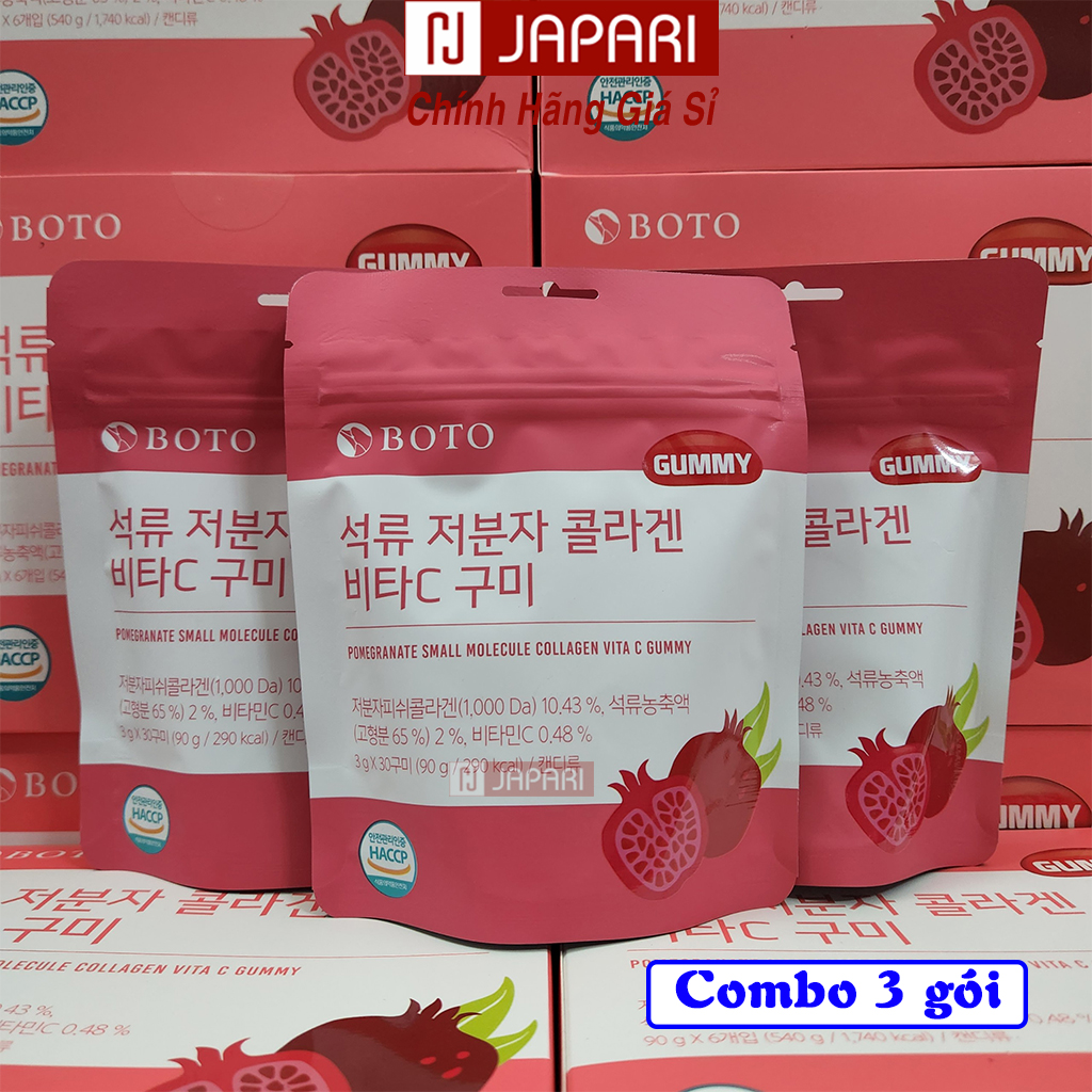 Kẹo dẻo Collagen Vị Lựu - Kẹo Collagen Vitamin C Gummy Boto Dưỡng Da Sáng Mịn, Kẹo Dẻo Collagen Hàn Quốc Gói 90G - Japari