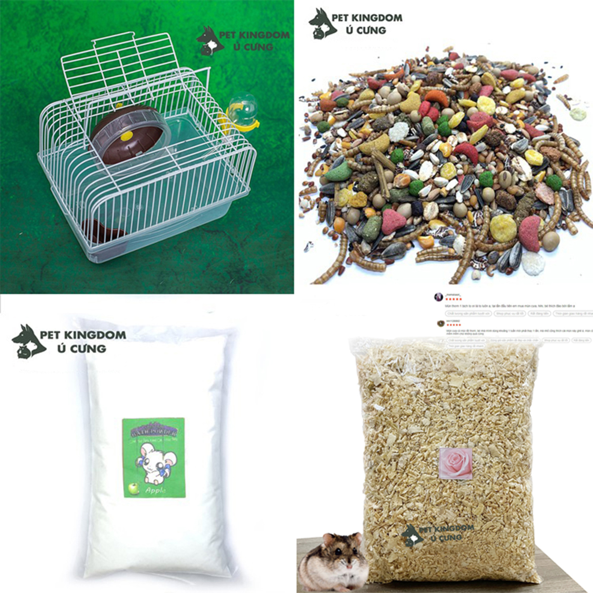 combo lồng hamster - thức ăn - lót chuồng - cát tắm