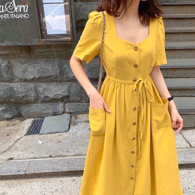 Đầm suông nút trước 2 màu