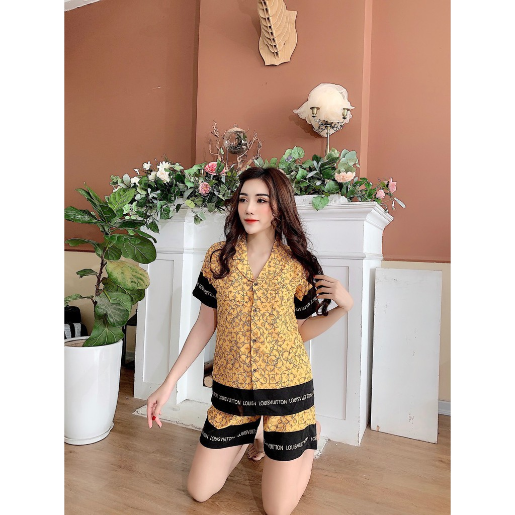 Đồ ngủ pijama lụa phối viền chân cộc đùi, bộ ngủ lụa nữ, bộ lụa cộc tay, bộ lụa cao cấp