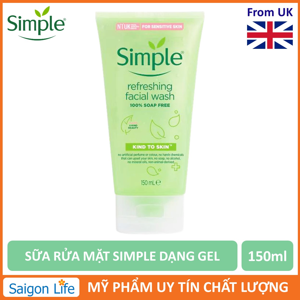 Sữa Rửa Mặt Dạng Gel Simple Kind To Skin Refreshing Facial Wash 150ml (Dành cho da nhạy cảm ) giảm mụn loại bỏ nhờn