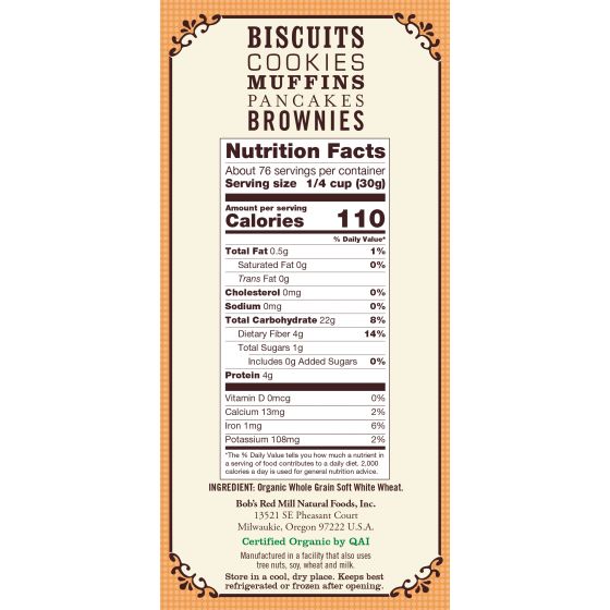 Bob's Red Mill Flour, Organic Whole Wheat Pastry flour, 5 lbs