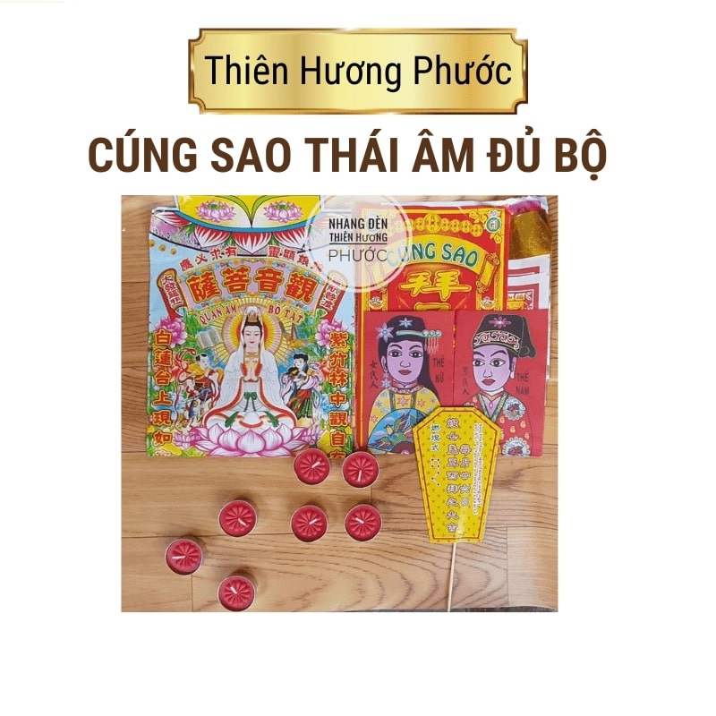 Giấy cúng sao Thái Âm gồm vàng mã, áo Quan Âm phù hộ, bài vị, đèn cầy trọn bộ