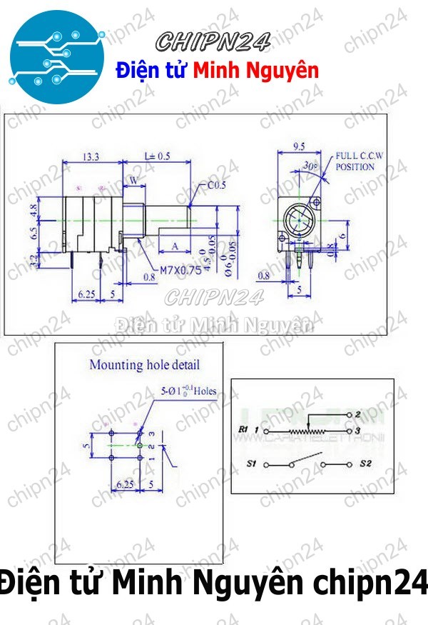 [2 cái] (F161) Biến trở xanh 5 chân 100K RV097NS (Biến trở đơn có Công tắc B100K 104) - HH003241
