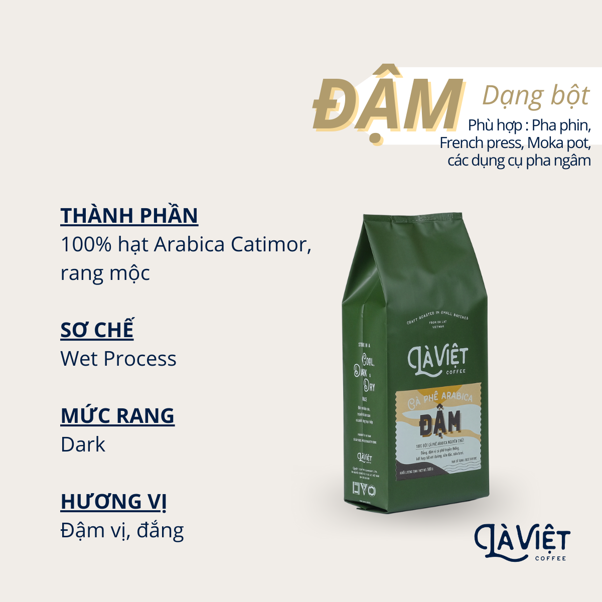 Cà Phê Bột LÀ VIỆT ĐẬM 100% Arabica 500g Vị Đắng, Đậm