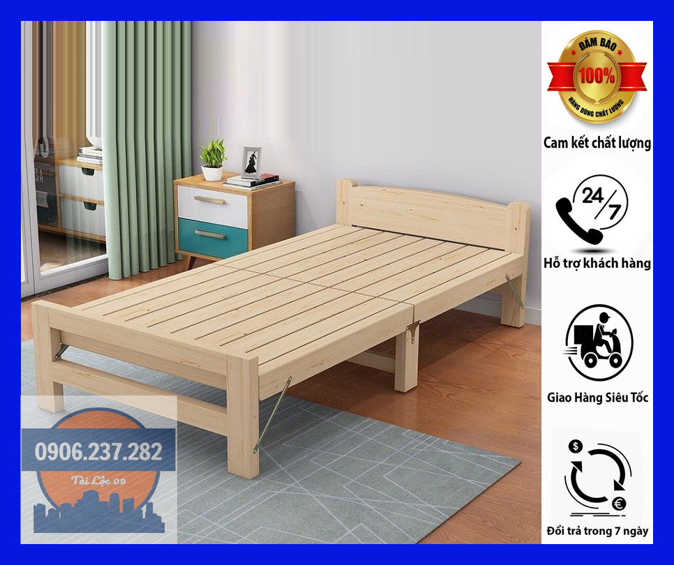 Giường xếp gọn khung gỗ sẵn đệm rộng 1m5, 1m2, 1m, 80cm, 60cm, giường gấp gọn, giường gỗ thông gấp gọn