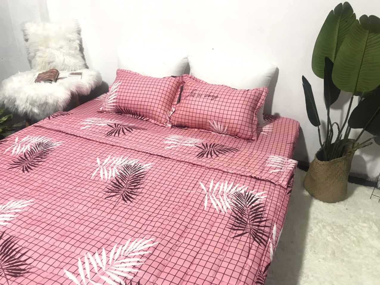 Set Ga Gối Mẫu Lá Cọ Hồng CHM3