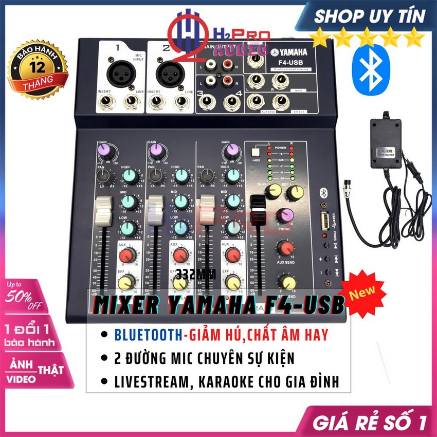 Bộ Trộn Âm Thanh, Mixer Yamaha F4-USB Cao Cấp - Bluetooth, 4 Kênh-Chuyên Dùng Livestream, Karaoke Gia Đình- H2Pro Audio