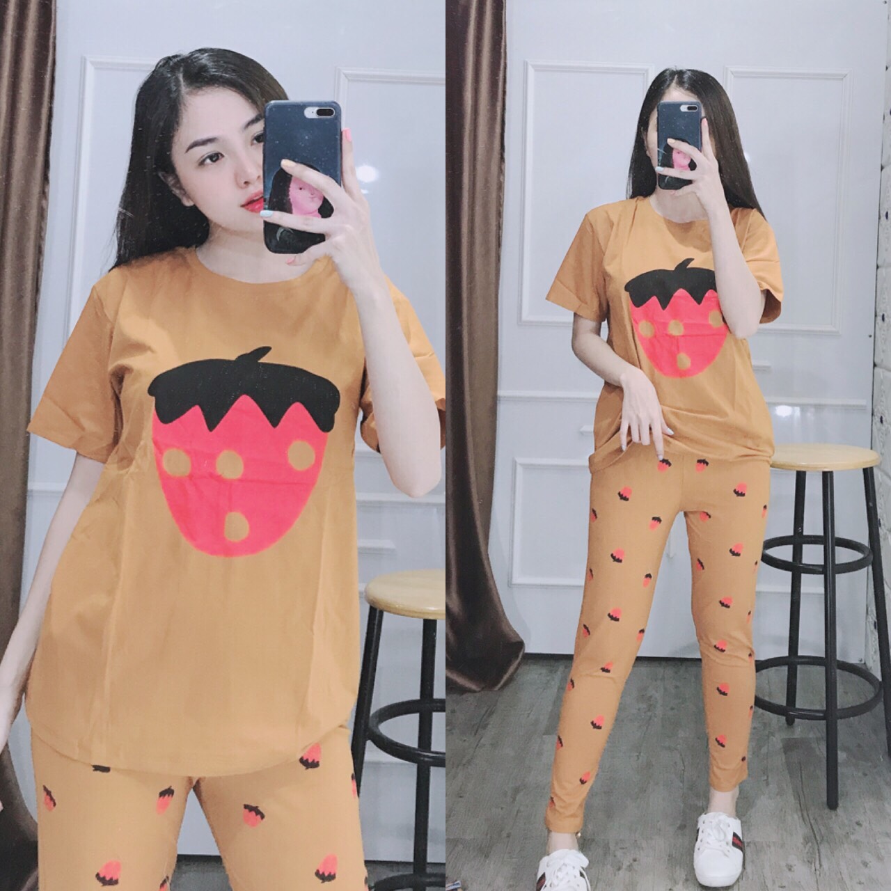 BỘ MẶC NHÀ HỌA TIẾT DÂU CUTE