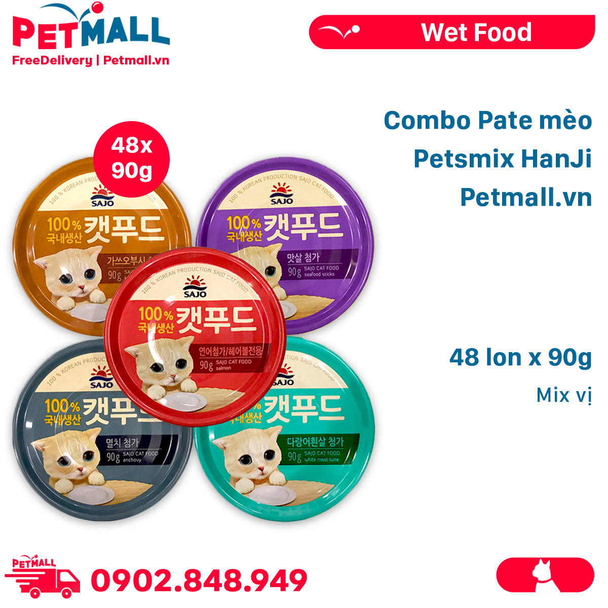 Combo pate mèo Petsmix HanJi 90g Mix vị - 48 lon Petmall