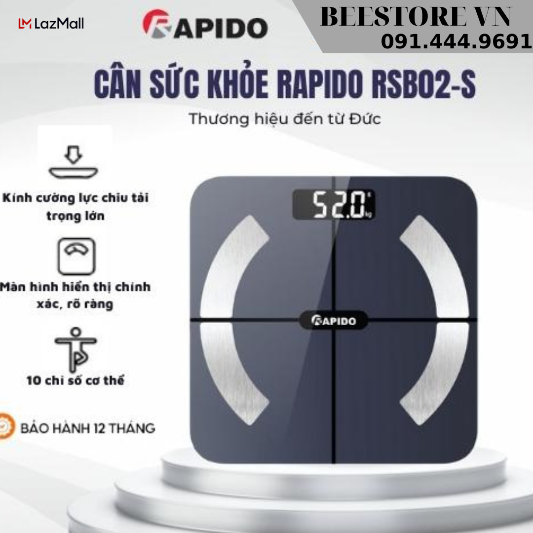 Cân sức khỏe điện tử Rapido RSB02-S kết nối Bluetooth - Hàng chính hãng
