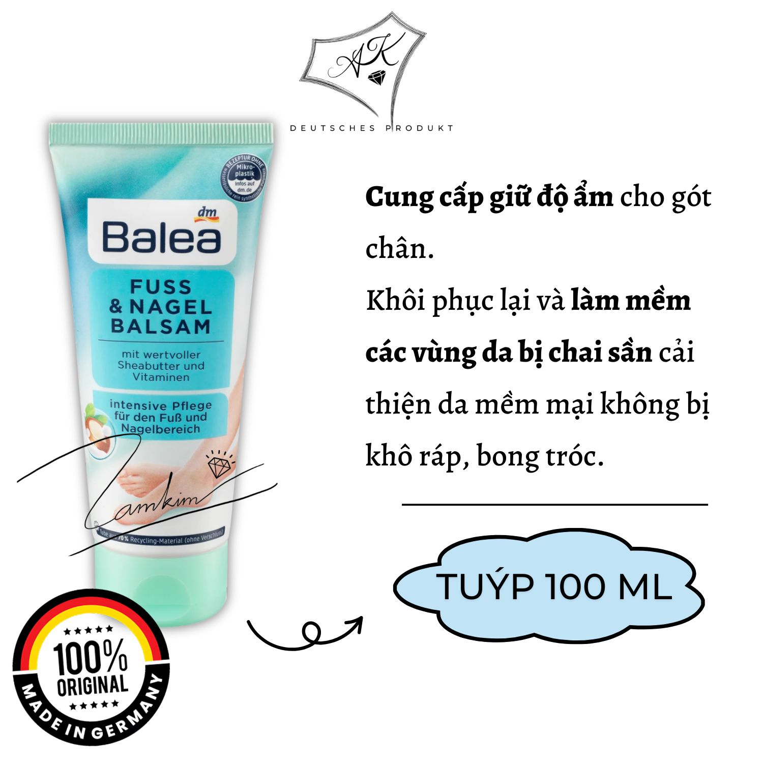 [ Hàng Đức ] Kem dưỡng da chân Balea tinh dầu bạc hà - 100ml
