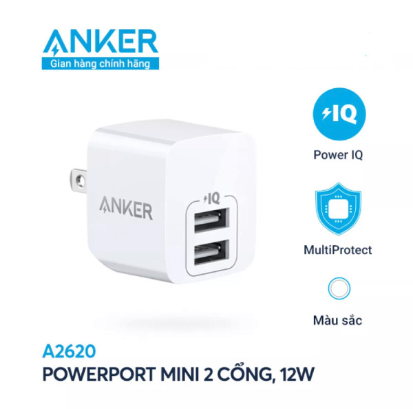 Sạc ANKER PowerPort Mini 2 cổng PowerIQ 12W - A2620 2 cổng sạc cho ra công suất 12W