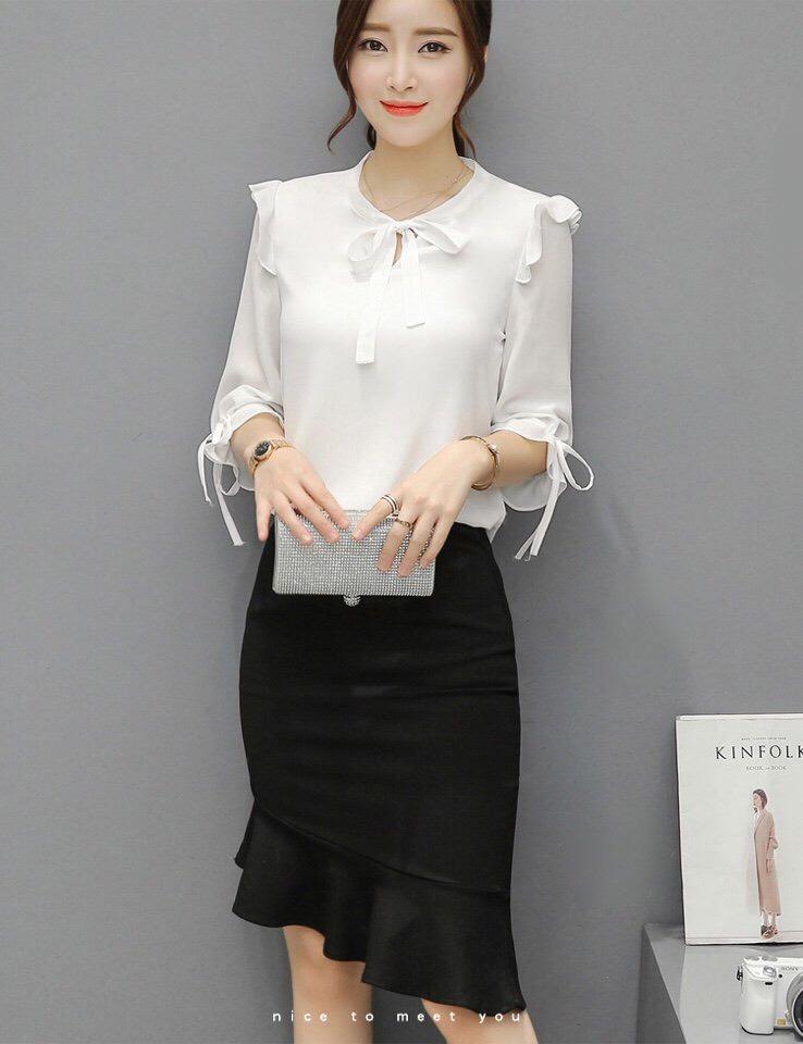 Áo Voan Kiểu Tay Lỡ Phối Nơ Ngực Và Tay Áo Dạng Công Sở Siu Hot TTS0641