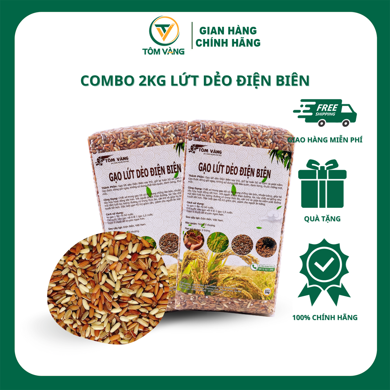 Combo 2Kg Gạo Lứt Dẻo Điện Biên (Mỗi Túi 1Kg Hút Chân Không)