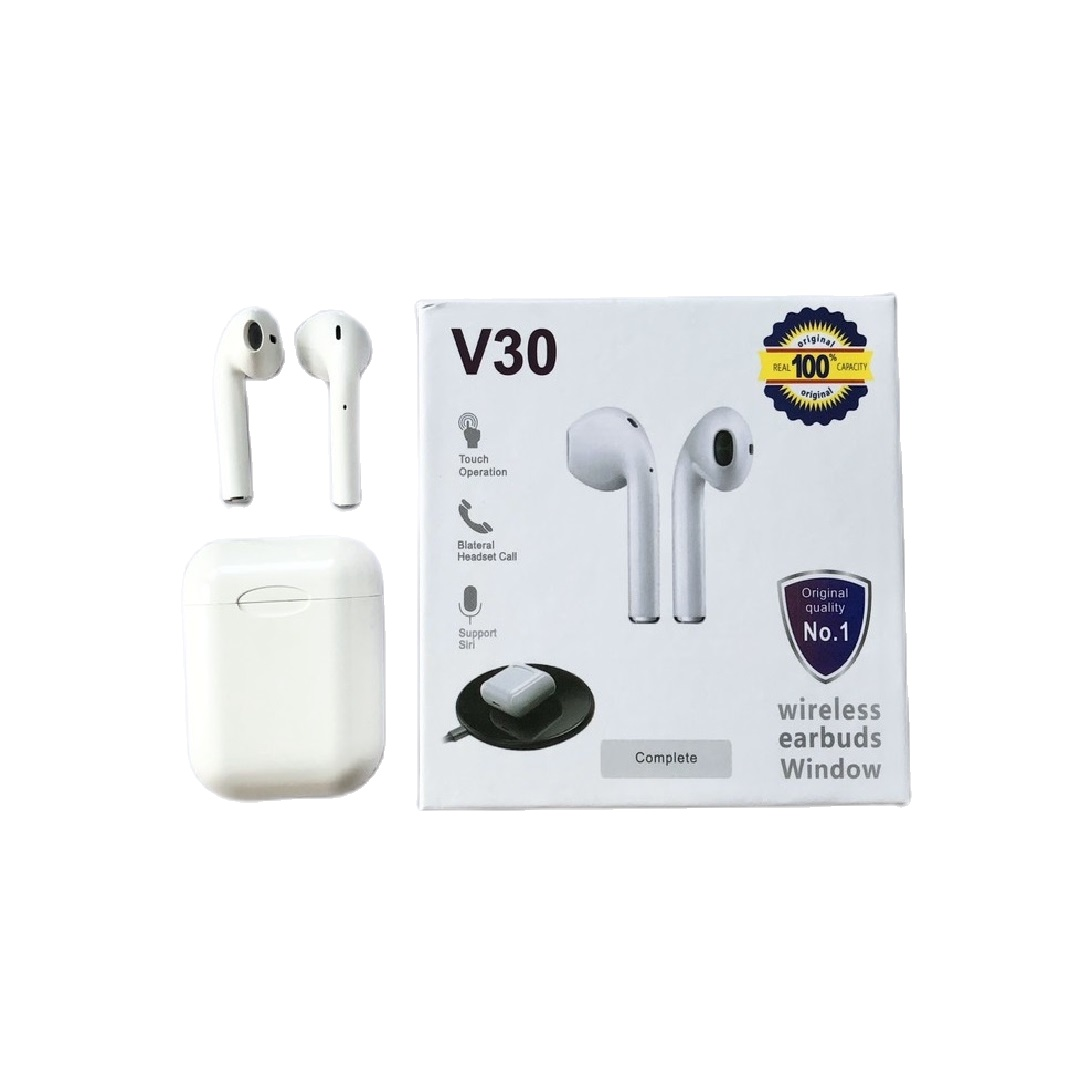 Tai nghe bluetooth V30 TWS, cảm ứng vân tay, bluetooth 5.0 cực mạnh, nghe siêu hay hỗ trợ sạc không dây, màu trắng cùng kiểu dáng nhỏ gọn sang trọng