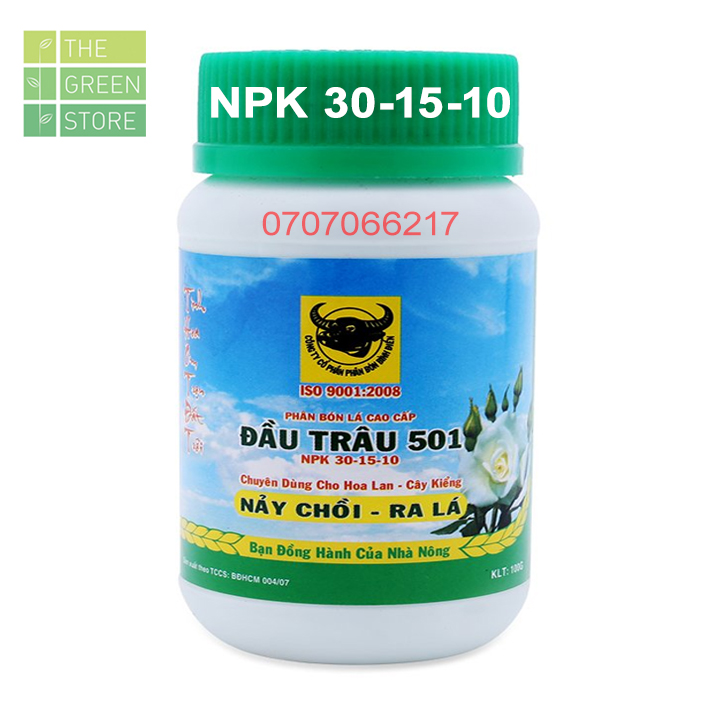 Phân bón Đầu Trâu 501 NPK 30-15-10 nảy chồi ra lá, chuyên dùng cho hoa lan