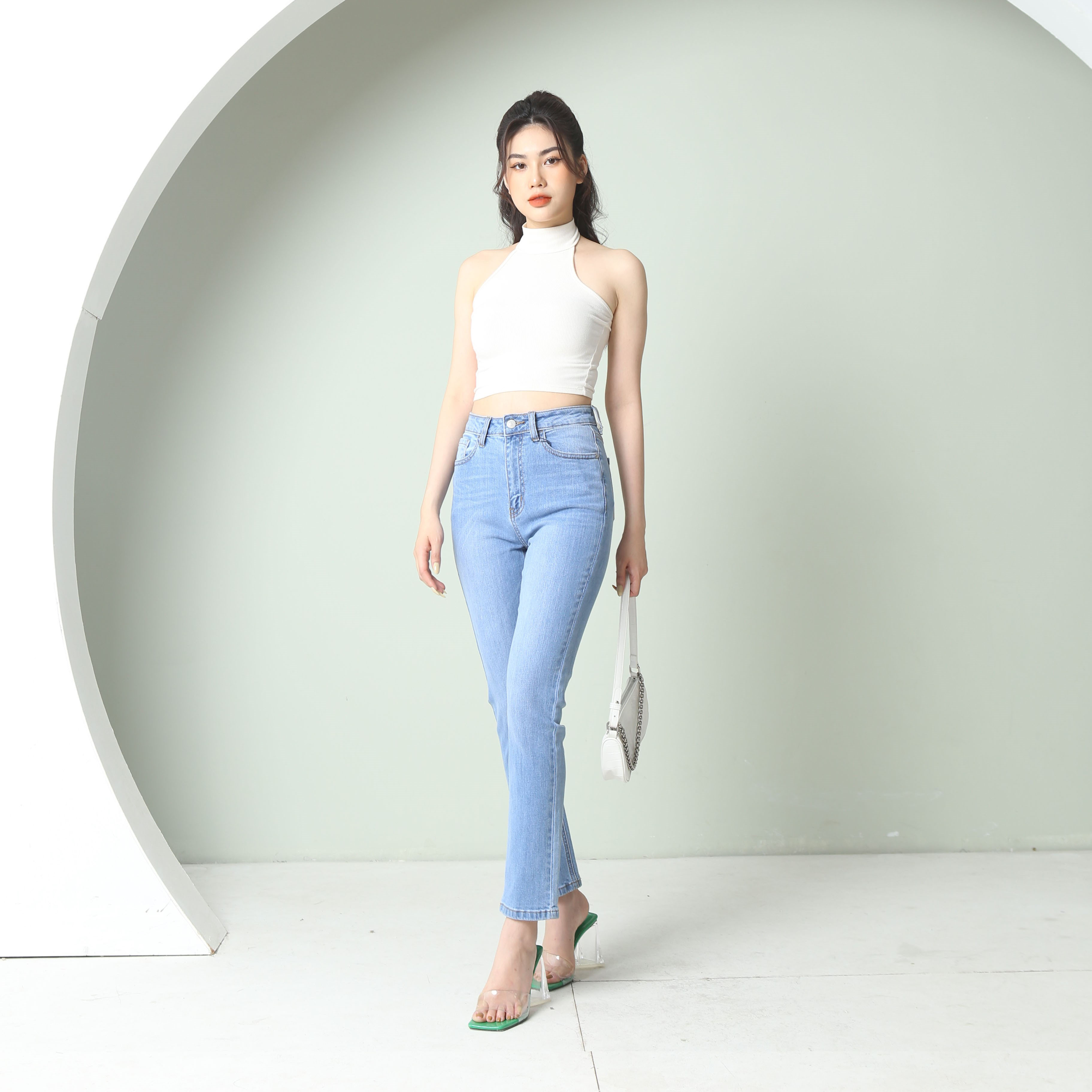 Quần jean ống đứng cạp cao basic co giãn 4 chiều CP07, CT JEANS