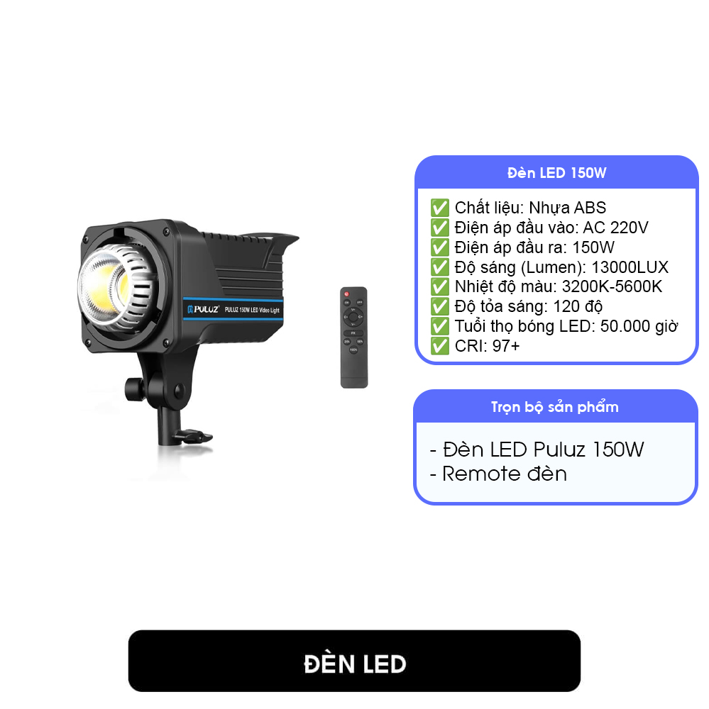 ĐÈN LED STUDIO 150W 3200K-5600K PULUZ (NGÀM BOWENS)
