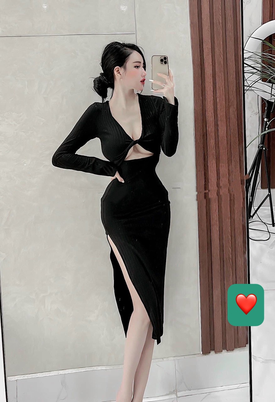 Đầm gân tay dài xoắn ngực ôm body xẻ tà cực sexy , chất thun gân dày dặn ly