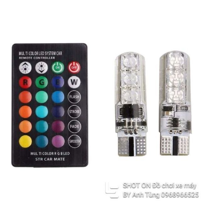 Bộ 2 Đèn Led Demi Remote T10 Chớp Đổi Mầu Cực Chấ