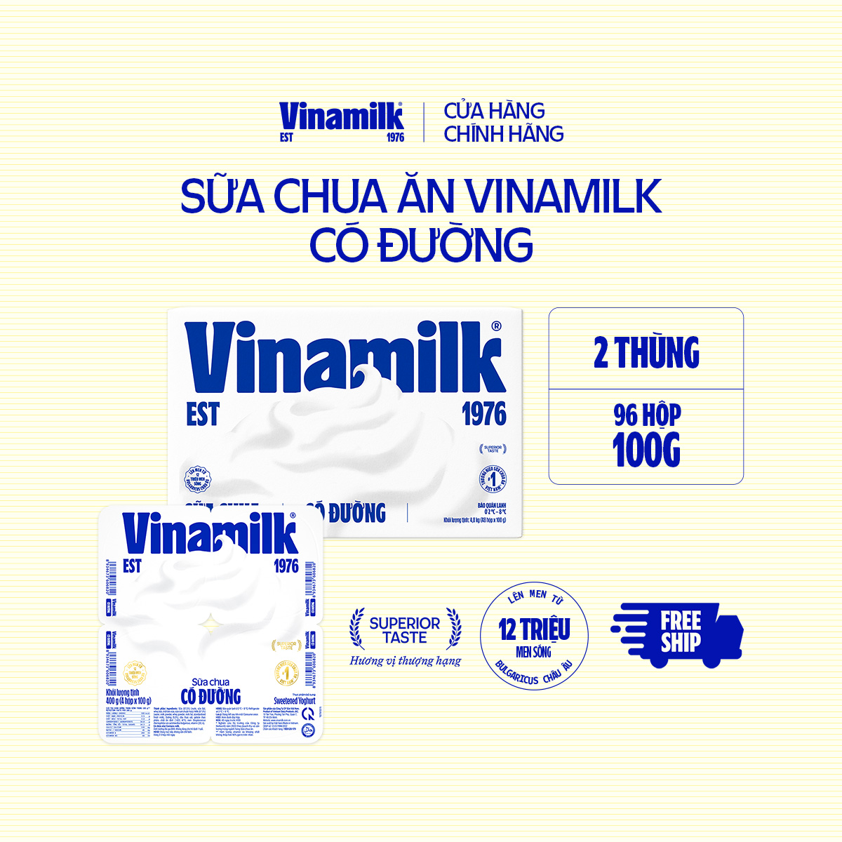 2 Thùng Sữa chua ăn Vinamilk có đường 100g Yaourt 48 hộp/thùng