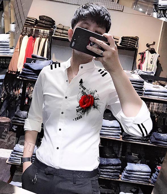 Áo sơ mi họa tiết cổ trụ họa tiết hoa hông from chuẩn shop