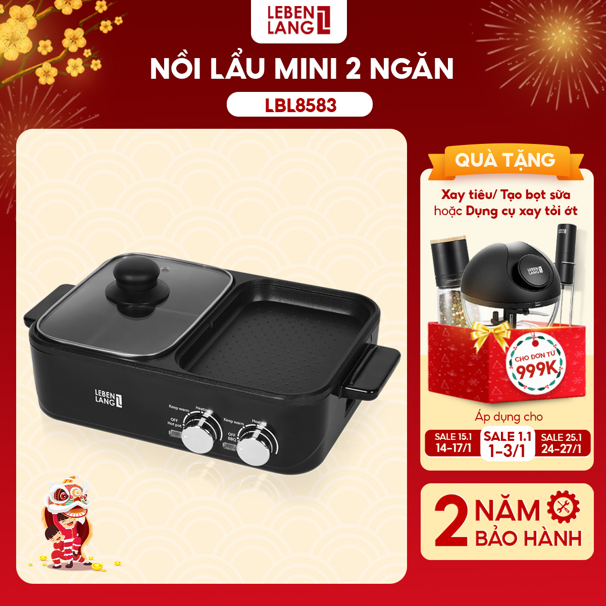Nồi lẩu điện 2 ngăn mini Lebenlang LBL8583, bếp lẩu nướng 2in1 công suất 1300W, 1200ml nhanh gọn tiện lợi - hàng chính hãng