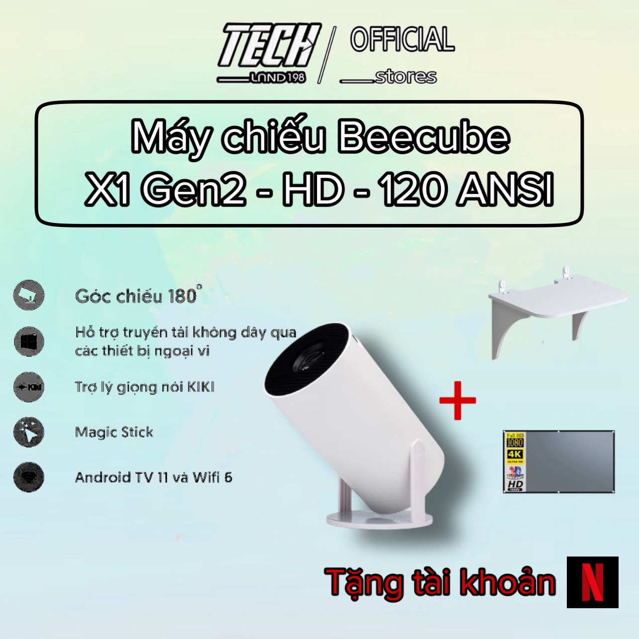 Máy chiếu android BEECUBE X1 GEN 2 hd 720P tặng màn kệ