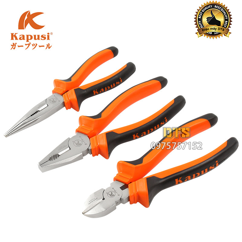 Bộ 3 kìm điện, kìm cắt, kim nhọn công nghiệp kiểu Nhật Kapusi JAPAN 7 inch, hợp kim thép Niken cao cấp, thiết kế tiên tiến tiết kiệm 30% lực bấm, kìm công nghiệp, kìm răng tổ hợp, kềm điện, kềm tổ hợp, kìm tổ hợp, kềm cắt