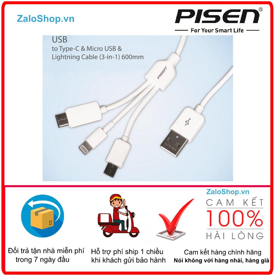 Cáp sạc đa năng 3 trong 1 Pisen Type C, MicroUsb, Lightning