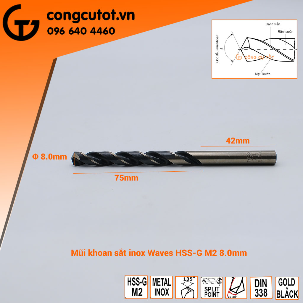Hộp 5 mũi khoan sắt, inox Waves HSS-G