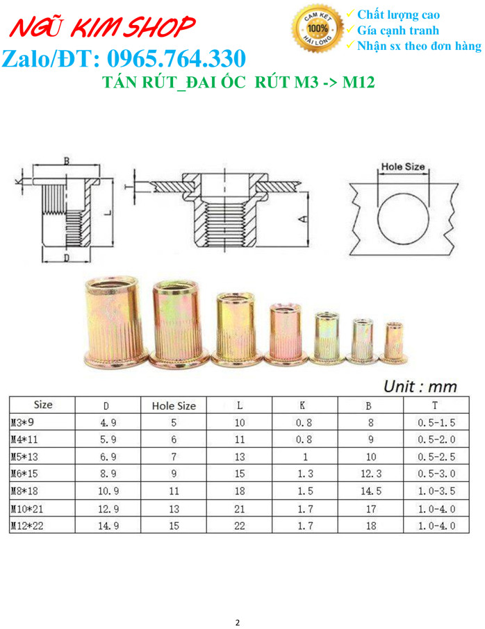 TÁN RÚT_ ĐAI ỐC RÚT M3,M4,M5,M6,M8,M10,M12 và 1/4