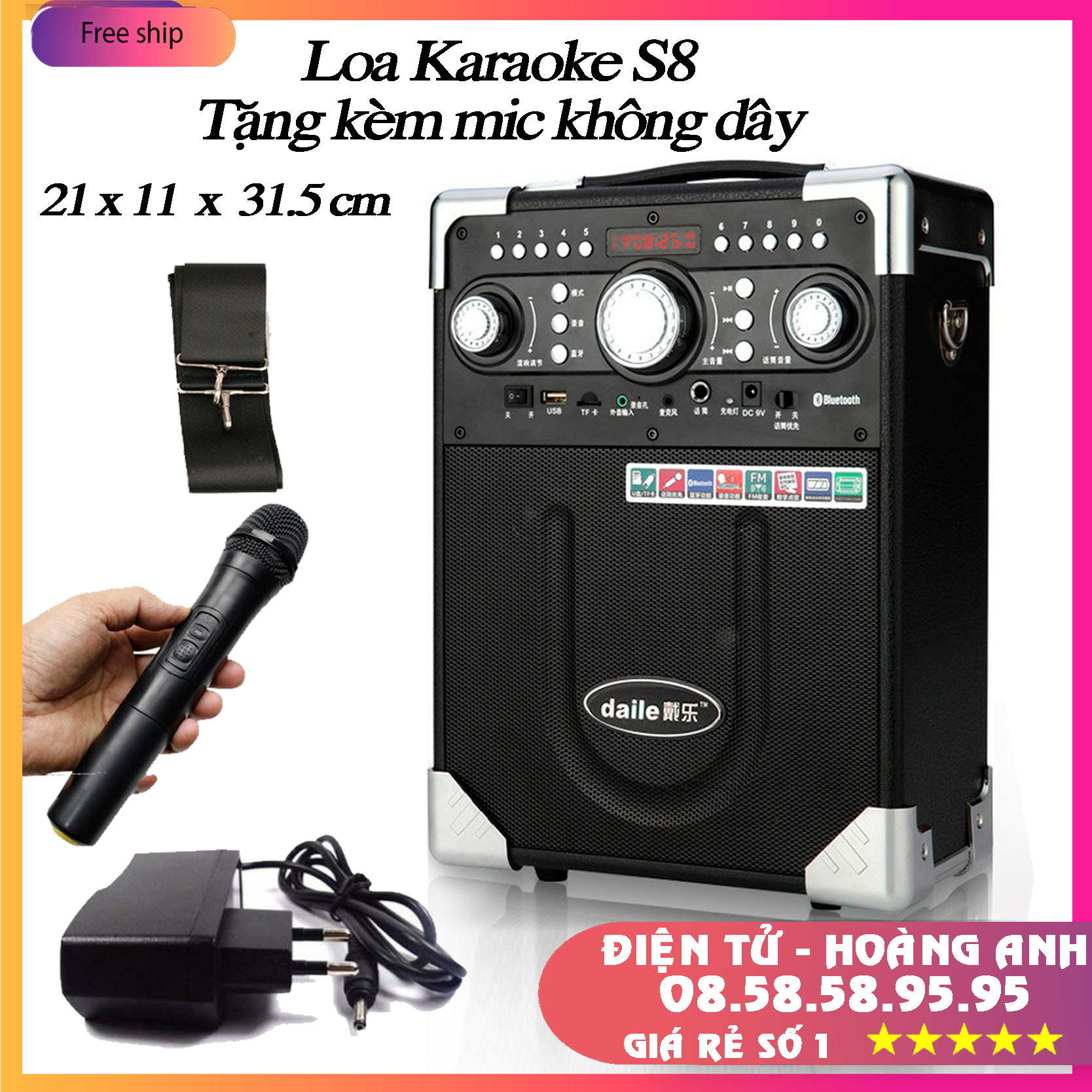 Loa Bluetooth Karaoke Daile S8 Xách Tay - Q8 (Tặng Kèm Micro Không Dây) Máy trợ giảng