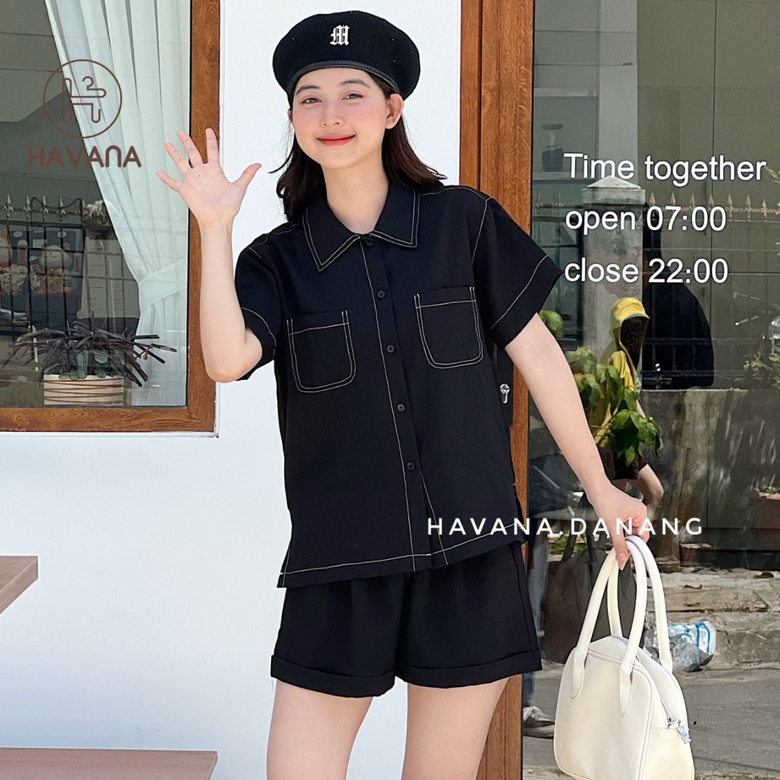 Set áo sơ mi viền chỉ nổi kèm quần short