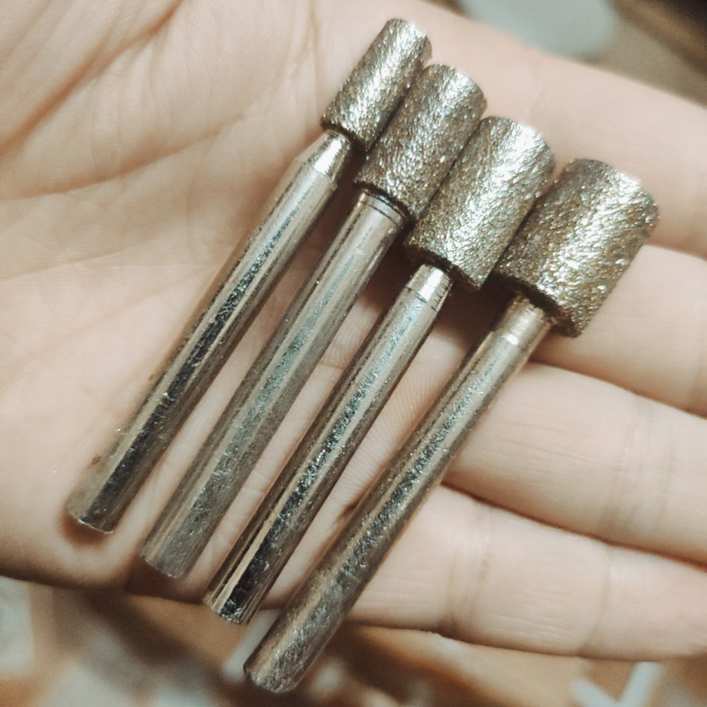 Combo 4 mũi mài kim cương, mũi mài khắc đá, ngọc, hình trụ 6-8-10-12mm, cán 6mm