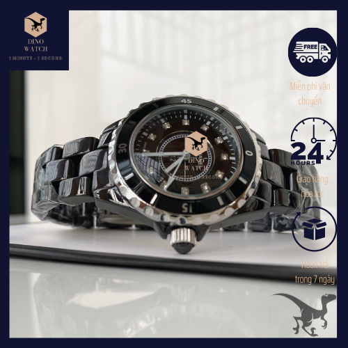 [HCM]Đồng hồ nữ CHỜNEL dây đá ceramic màu đen - mặt đính đá - size 34mm(DNHJ12B)