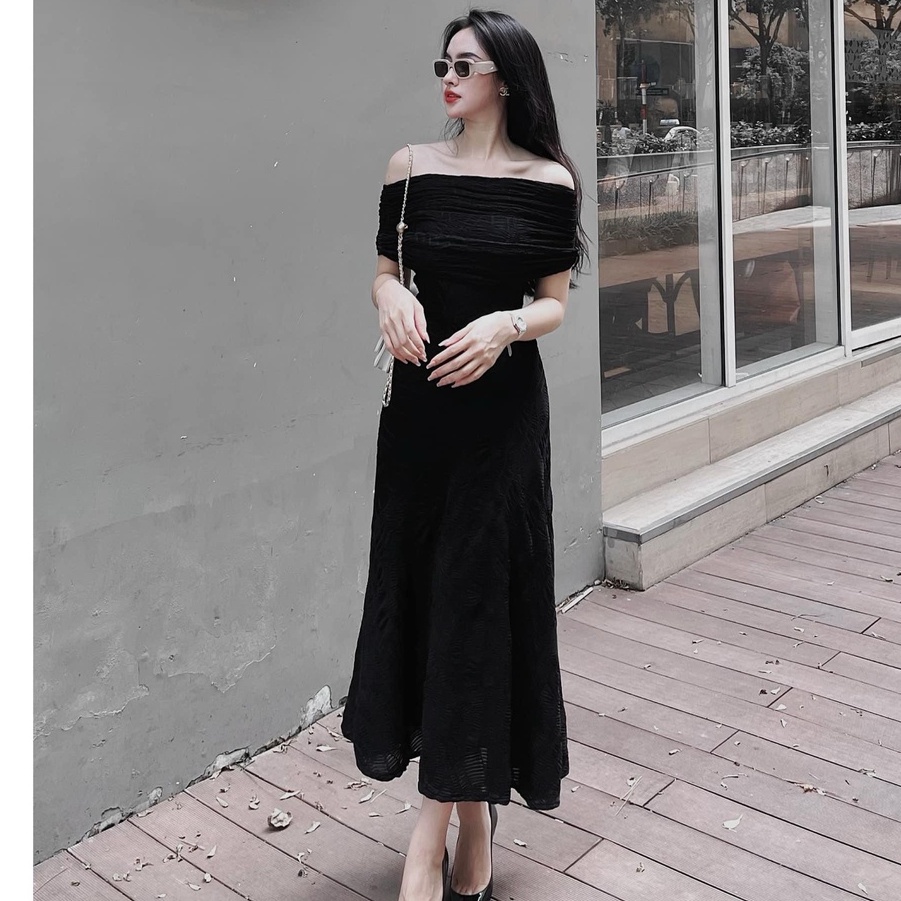Đầm maxi thun xốp ren đuôi cá trễ vai 159