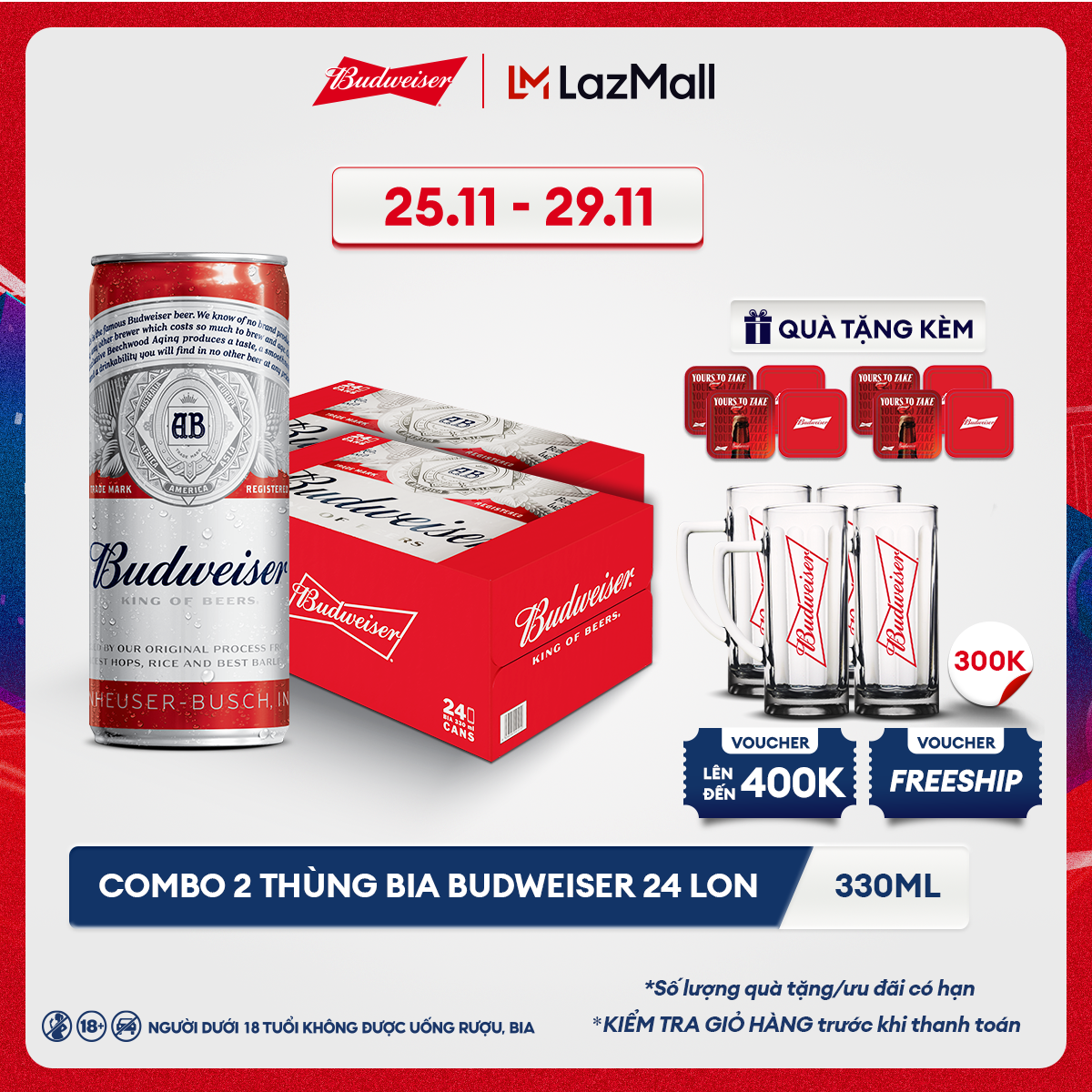 [25.11 - 29.11 VC ĐẾN 100K+FS] Combo 2 Thùng 24 Lon Bia Budweiser (330ml/lon) Date [03/2025]