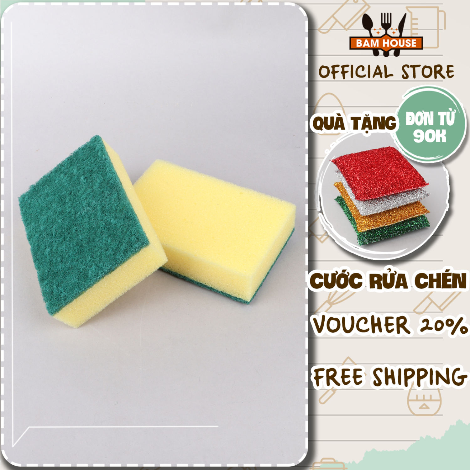 Combo 2 Cước rửa chén 2 lớp Bam House có mút tạo bọt chuyên rửa chén bát cao cấp MRC03 - Mút rửa chén Miếng rửa chén
